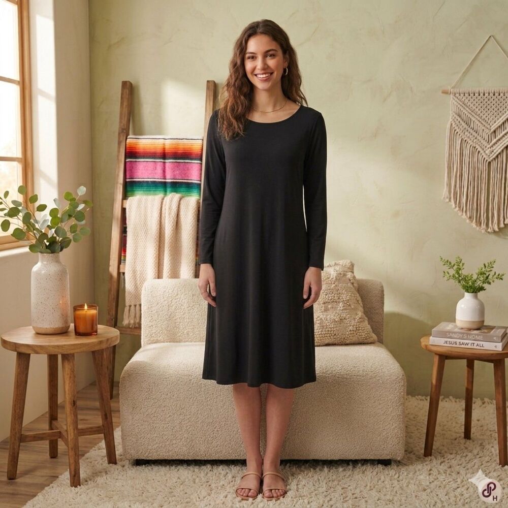 Eileen Fisher Midi Dress Women's L Black Long Sleeve V Neck Tencel Quiet Luxury